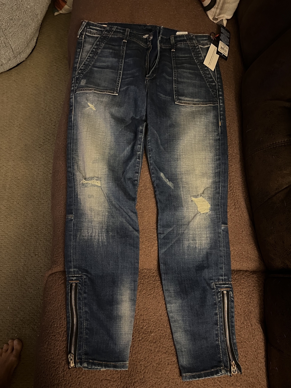 True Religion Womems's Distressed Dark Blue Slim Jeans with Ankle Zips